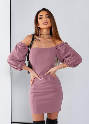 Шикарное короткое обтягивающее платье мини с рукавами фонариками с  открытыми плечами с декольте розовое чёрное зелёное малиновое вечернее