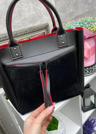 Черная с красным - натуральная замша - стильная сумка формата а4 на одно отделение3 фото