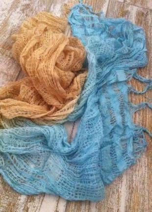 Легкий невесомый песочно голубой вязаный шарфик