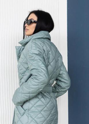 Пальто деми женское стеганое под пояс на силиконе стокгольм олива9 фото