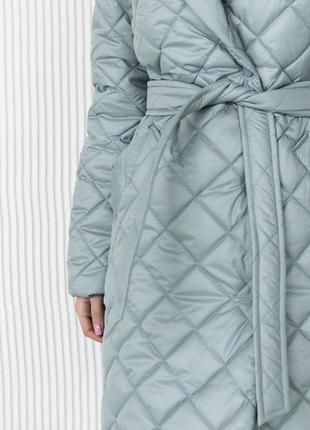 Пальто деми женское стеганое под пояс на силиконе стокгольм олива3 фото