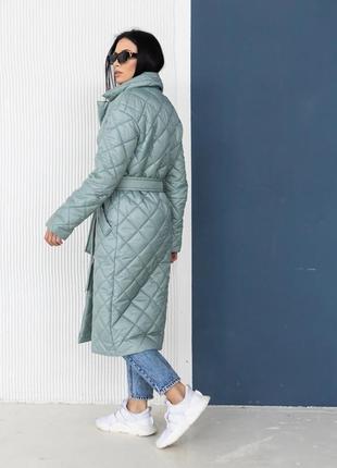 Пальто деми женское стеганое под пояс на силиконе стокгольм олива5 фото