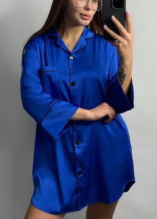 Шелковая ночная рубашка ночнушка сорочка синяя электрик на пуговицах4 фото