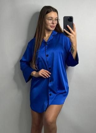 Шелковая ночная рубашка ночнушка сорочка синяя электрик на пуговицах3 фото