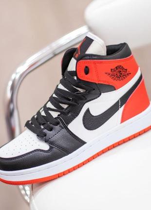 Nike air jordan 1 retro кросівки чоловічі найк джордан осінні весняні демісезонні демісезон високі топ якість шкіряні шкіра білі з чорним і червоним
