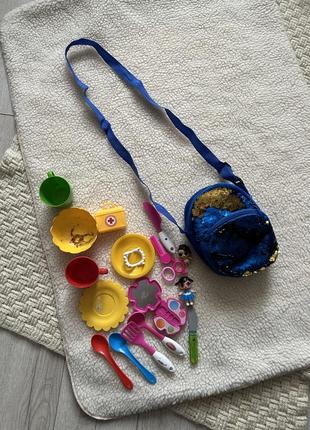 Дитяча синя сумочка +посуд безкоштовно1 фото
