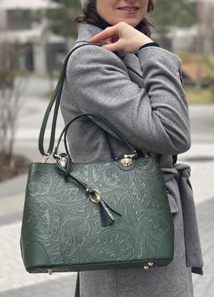 Шкіряна темно-зелена сумка з квітковим принтом dalida, італія4 фото