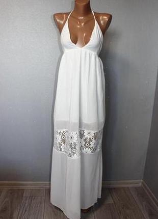 Длинное белое макси шифоновое платье сарафан с кружевом м,462 фото