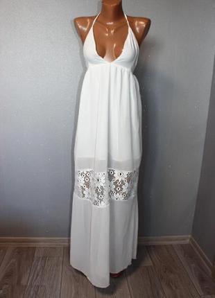Длинное белое макси шифоновое платье сарафан с кружевом м,465 фото