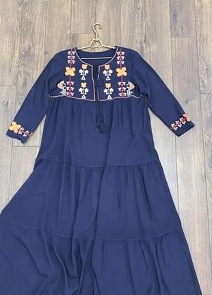 Стильное синее длинное свободное платье батал хлопок рубашка распашонка м, 46