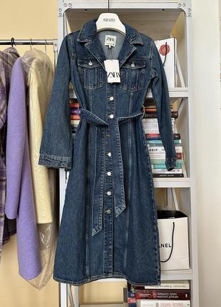 Шикарна сукня джинсова денім плаття сорочка рубашка на ґудзиках міді zara під пасок нові колекції6 фото