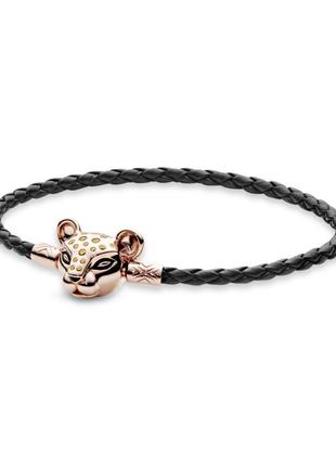 Оригинал original pandora пандора оригинальный серебряный браслет 588053cbk серебро львица черная кожаный голова лев розовое золото с биркой новый