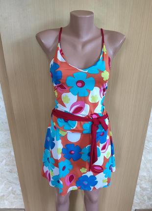 Короткое разноцветное платье сарафан с цветочный принт2 фото