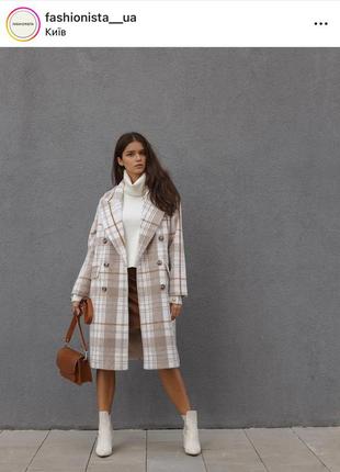 Пальто весна осень бежевое в клетку с содержанием шерсти