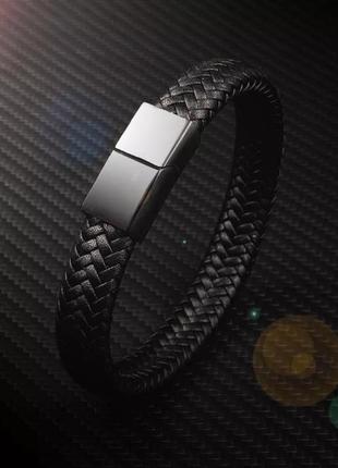 Мужской кожаный браслет, классический черный10 фото
