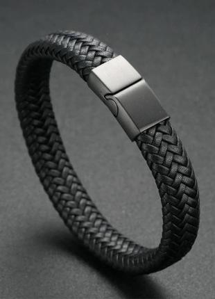 Мужской кожаный браслет, классический черный2 фото