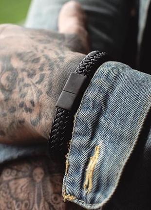 Мужской кожаный браслет, классический черный8 фото