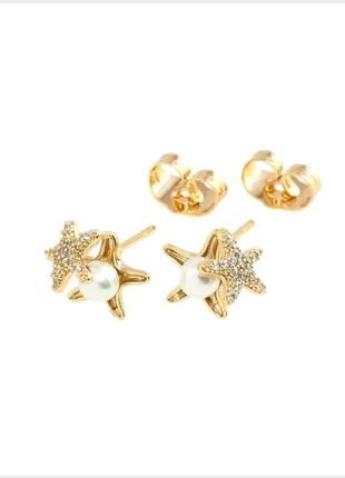 Серьги xuping позолота 18k пусеты "звезды с инкрустацией цирконием и жемчугом"