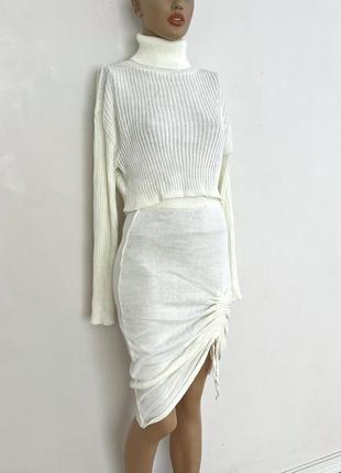 Prettylittlething костюм вязаный молочный юбка с затяжкой3 фото