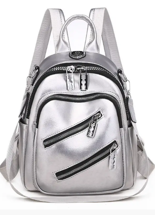 Рюкзак жіночий молодіжний сріблястий зі шкірозамінника1 фото