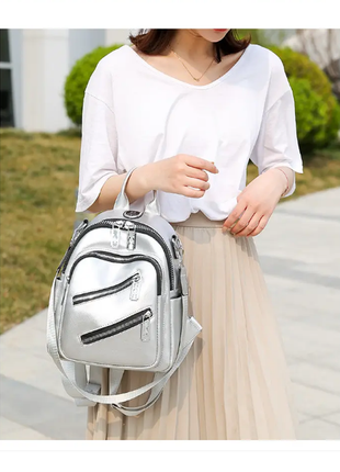 Рюкзак женский молодежный серебристый из кожзама2 фото