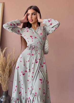 Сукня міді на захід сукня в принт квіточок сукня зі штапелю тканина сірий штапель у квіти приталена з рюшами оборками халат