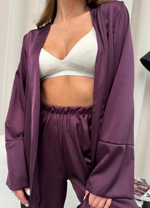 Шелковая женская пижама армани домашний комплект халат и широкие брюки свободного кроя4 фото