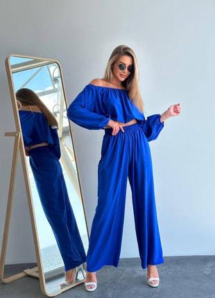 Костюм топ + штаны электрик фисташка черный малина молоко брюки палаццо широкие на резинке укороченная блуза с открытыми плечами с рукавами фонариками