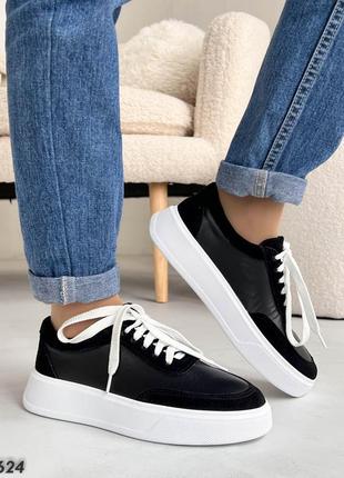 Женские кеды, черные, натуральная кожа/замша