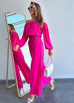 Костюм топ + штаны электрик фисташка черный малина молоко брюки палаццо широкие на резинке укороченная блуза с открытыми плечами с рукавами фонариками