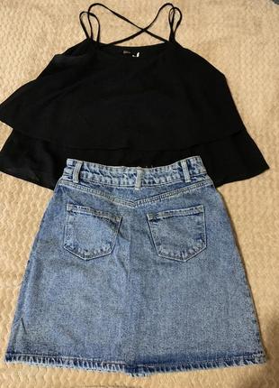 Жіночий літній костюм (джинсова спідниця + блуза)3 фото