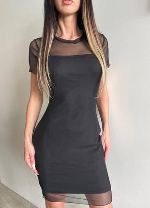 Платье + сетка, актуальное и стильное, в черном цвете с короткими рукавами1 фото