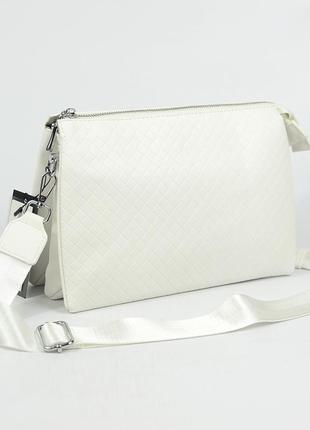 Белая женская вместительная сумка клатч на молнии через плечо с тремя отделениями4 фото