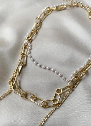 Цепочка, ожерелье, колье, многослойная, багатошарова, золотистая, золотиста, украшение5 фото
