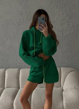 Мʼяка піжама тедді з шортами на шнурку зелена біла якісна трендова