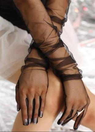 Уценка! длинные фатиновые черные перчатки