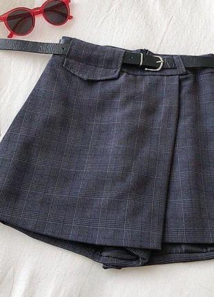 Короткие шорты коттон клетка юбка на запах мини короткий разрез облегающая высокая ю посадка под пояс из широкие классические прямые3 фото