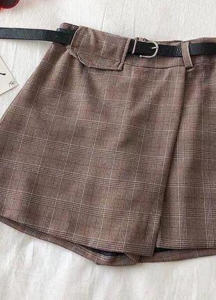 Короткие шорты коттон клетка юбка на запах мини короткий разрез облегающая высокая ю посадка под пояс из широкие классические прямые1 фото