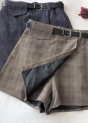 Короткие шорты коттон клетка юбка на запах мини короткий разрез облегающая высокая ю посадка под пояс из широкие классические прямые4 фото