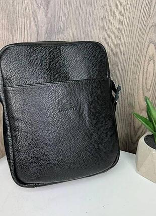 Мужская кожаная сумка планшетка стиль лакоста черная крокодил борсетка на плечо lacoste