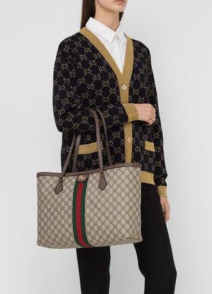 Сумка шоппер женская бежевая канва коричневая кожа брендовая в стиле gucci1 фото