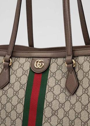 Сумка шоппер женская бежевая канва коричневая кожа брендовая в стиле gucci9 фото