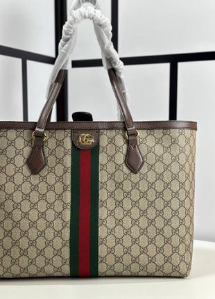 Сумка шоппер женская бежевая канва коричневая кожа брендовая в стиле gucci3 фото