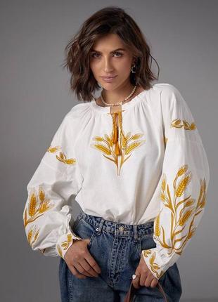 Колоритна блуза з вишитими колосками, українська вишиванка, етно сорочка з вишивкою3 фото
