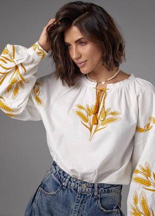 Колоритна блуза з вишитими колосками, українська вишиванка, етно сорочка з вишивкою8 фото