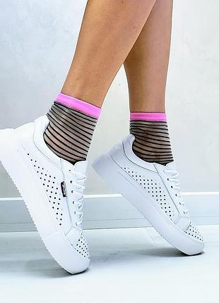 Кеды кожаные с перфорацией р36-40 белые кроссовки мокасины кеди шкіряні білі