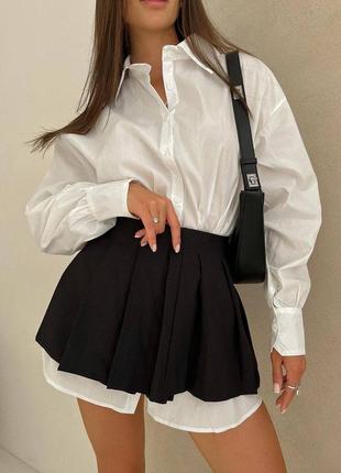 Очень стильная двойка - рубашка удлиненная белая оверсайз и мини юбка черная плиссе6 фото