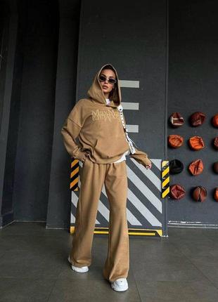 Топовый спортивный оверсайз с надписью «maxmara» худи и брюками прямого кроя на высокой посадке бежевый черный качественный трендовый2 фото