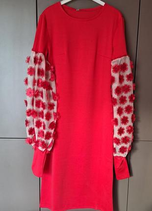 Нарядное платье с аппликацией красного цвета, платье на выход