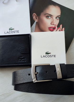 Кожаный подарочный набор lacoste black кошелек и ремень